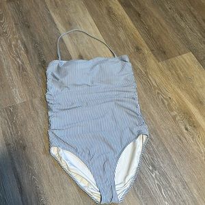 J CREW 12 striped gingham white blue halter strapless bathing suit one piece